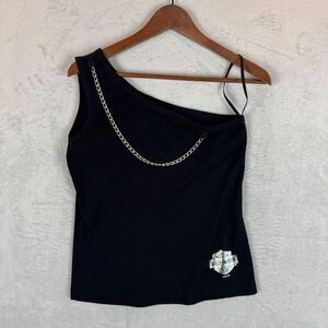 Harley Davidson Shirt Womens Large Black One Shoulder Chain Logo Tifton GA New
